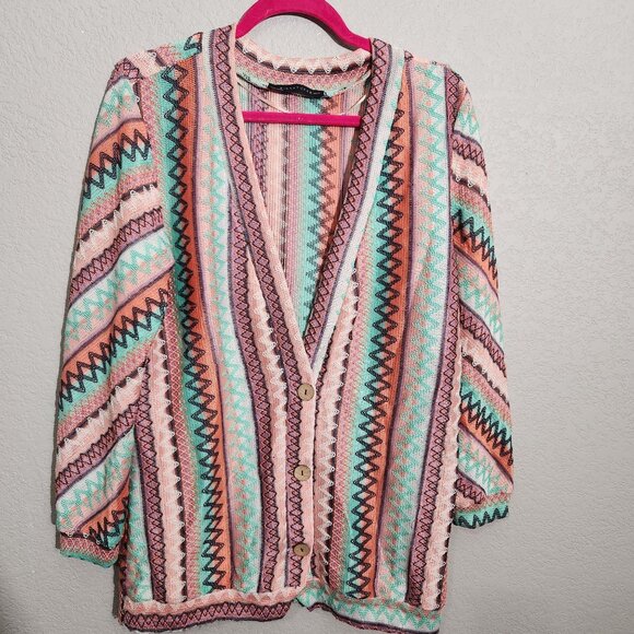 Signature 8Colorful Knit Cardigan Sweater Zigzag Medium Boho Festival - Picture 1 of 13